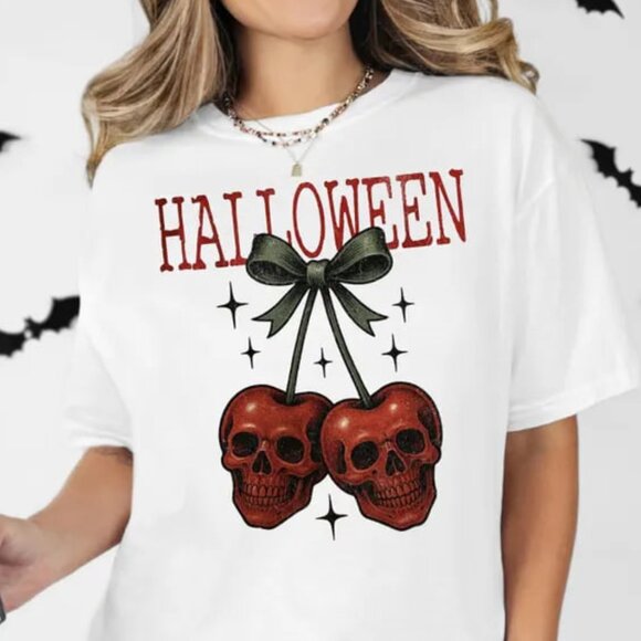 Tops - Halloween Skeleton Shirt, Trendy Spooky Shirt Gift Tee, Skull Cherries Halloween